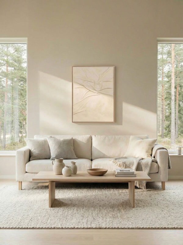 Stillness, Framed hand painting, H120xW90xD4.9cm, Off white Styled