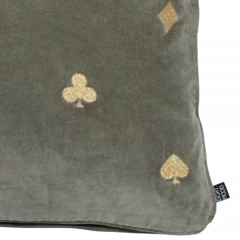 Pillow in dark green color with Gold embroidery close up