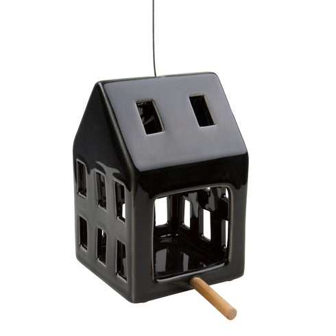 Hemma, Bird house, 9.3x9.3xh14.2cm, Black, Ceramic/Bamboo/Iron