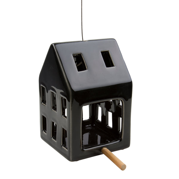 Hemma, Bird house, 9.3x9.3xh14.2cm, Black, Ceramic/Bamboo/Iron