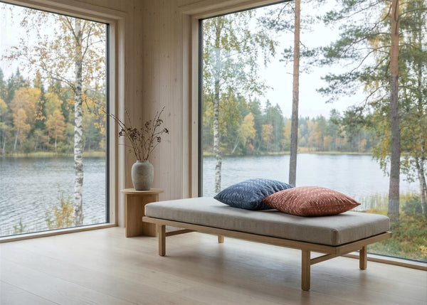 Shibori cushion covers styled in a lakeside cabin window seat