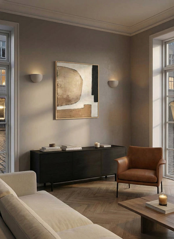 Almost, Framed printing linen weave gesso canvas, H100xW80xD3.8cm, Camel/beige/black Styled